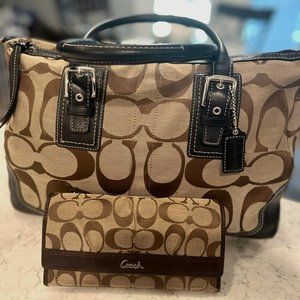 Coach Signature Cloth Purse with Leather accents and matching wallet